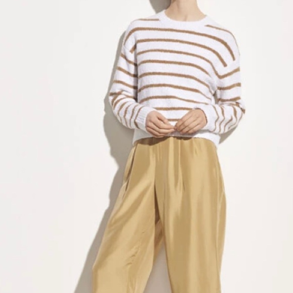 Vince - Striped Waffle Stitch Crew in Optic White/Dune